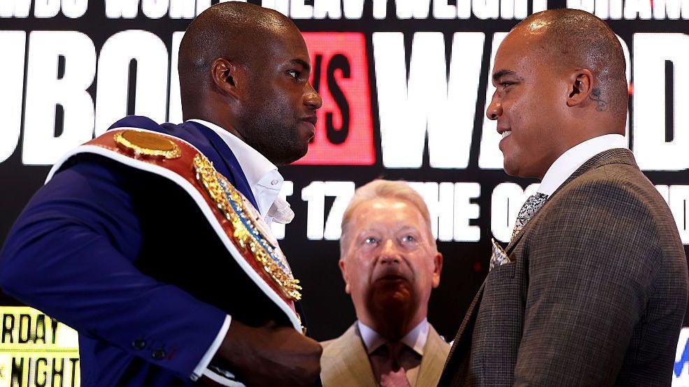 Daniel Dubois (left) has the WBO heavyweight title on his shoulder and is facing off with Fabio Wardley (right)