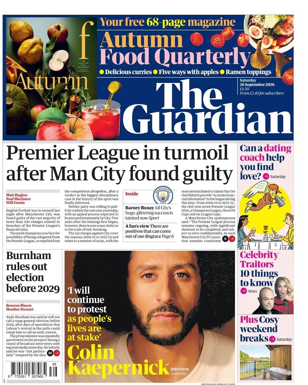 "Premier League in turmoil after Man City found guilty," reads the headline on the front page of the Guardian.
