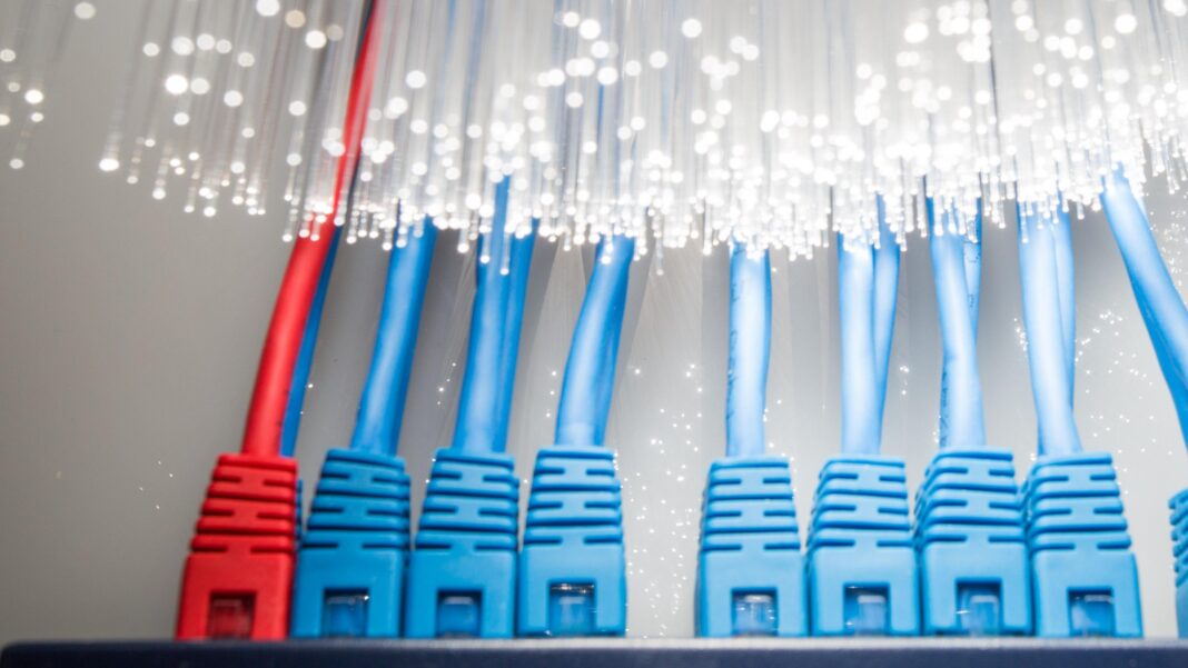 Fibre optic cables give off light next to regular network cables.