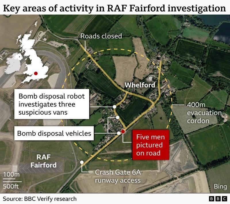 A map showing a map of RAF Fairford and the village of Whelford from a satellite view. A dotted line shows the 400m evacuation cordon around where the three suspicious vans were found and where the bomb disposal operates. Also labelled on the map are closed roads throughout the cordoned area and a point towards the south of the permiter where the five men arrested were pictured on the road.