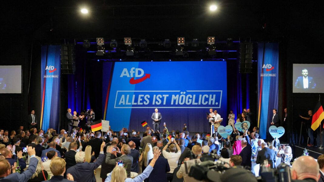 A crowd waves German flags in front of a stage which has a blue background and AfD's logo.