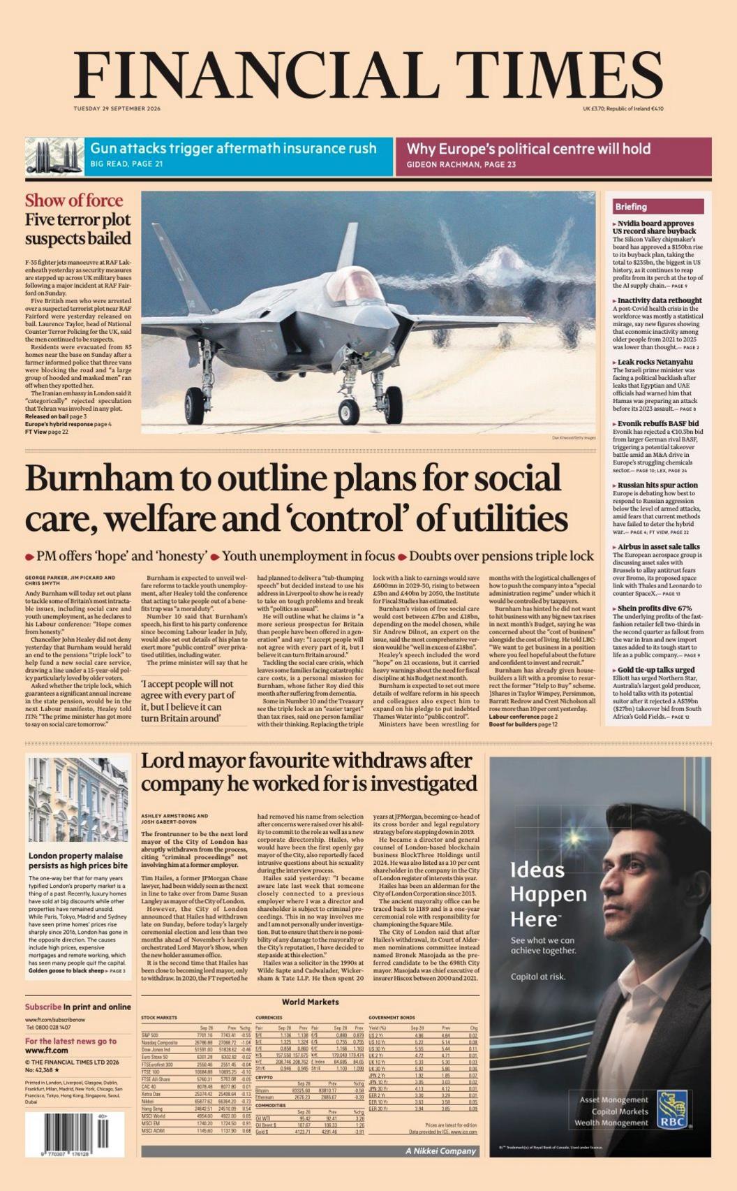 The headline on the front page of the Financial Times reads: “Burnham to outline plans for social care, welfare and 'control' of utilities”.