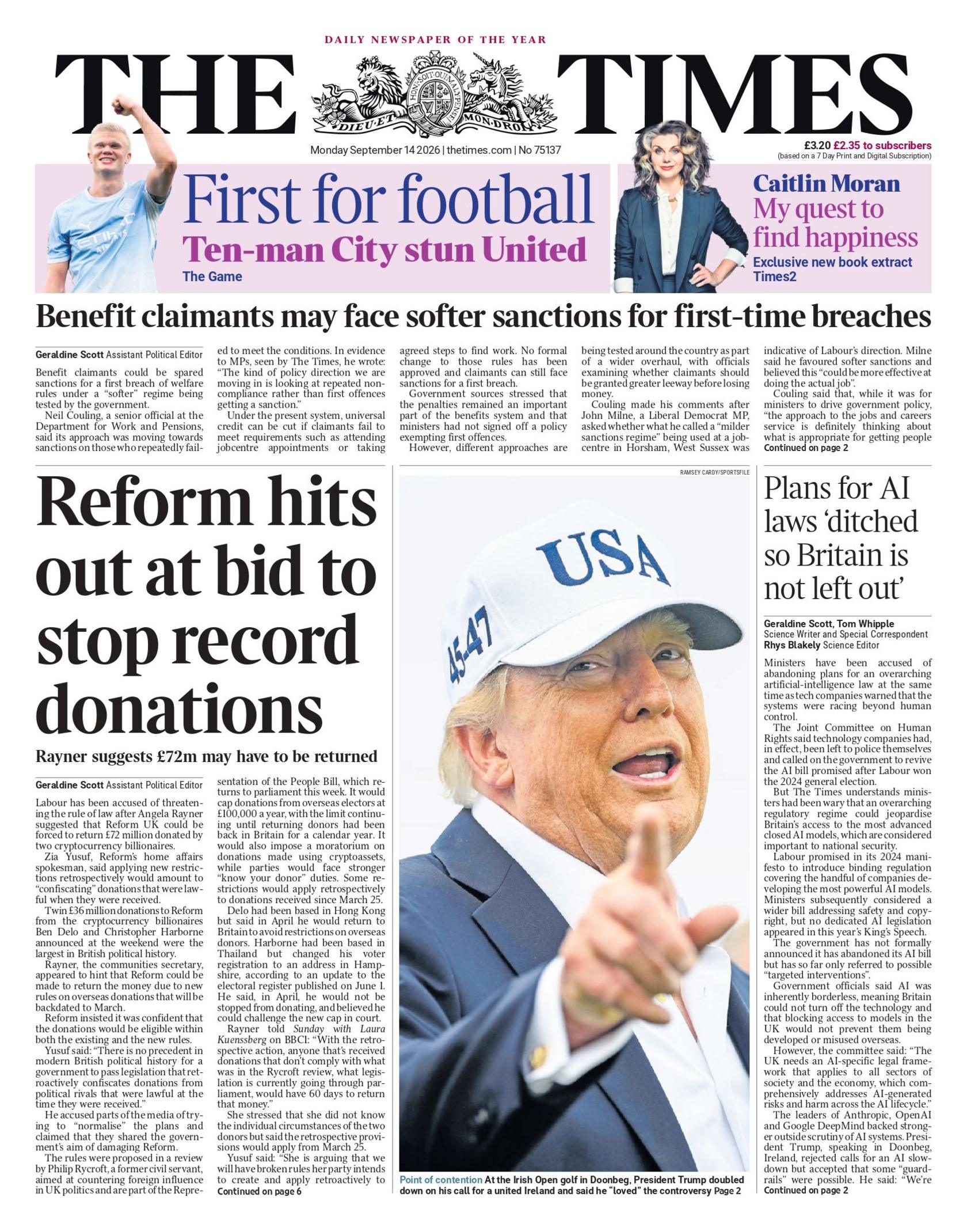 "Reform hits out at bid to stop record donations," reads the headline on the front page of the Times.