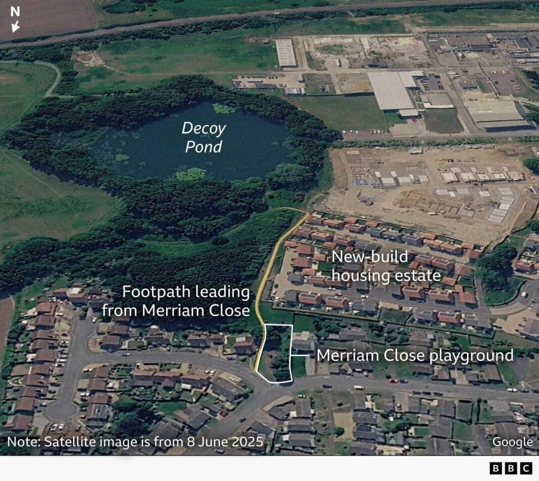 Annotated Google view shows Merriam Close playground, footpath, new-build housing estate and Decoy Pond.