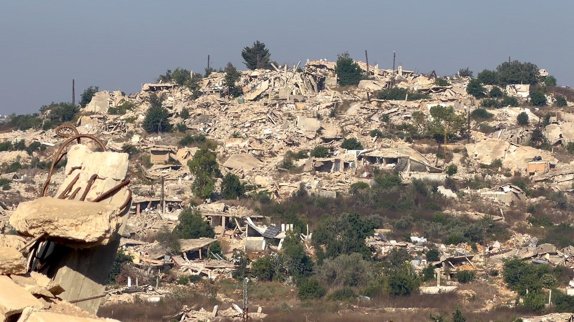 Destroyed buildings on a hilltop where a village once stood in southern Lebanon