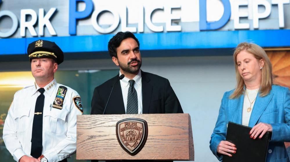 New York City Mayor Zohran Mamdani speaks next to NYPD Commissioner Jessica Tisch during a press conference at the scene of an officer-involved shooting, in Times Square, New York City, U.S., August 31, 2026