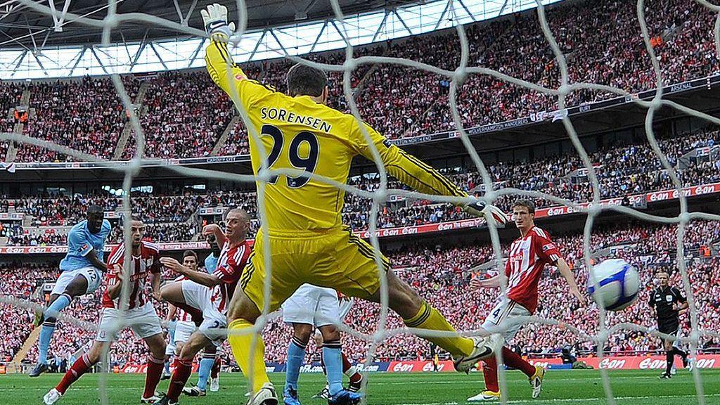 Yaya Toure scores Manchester City's winner against Stoke at Wembley