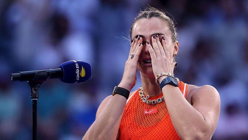 An emotional Aryna Sabalenka speaks to the US Open crowd