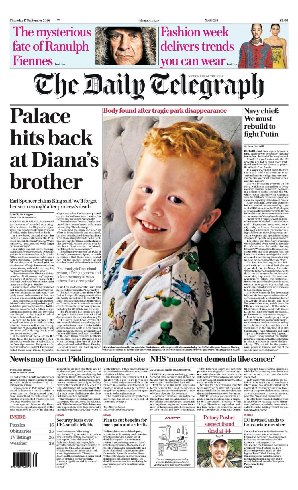 The headline on the front page of the Daily Telegraph reads: 'Palace hits back at Diana's brother.'
