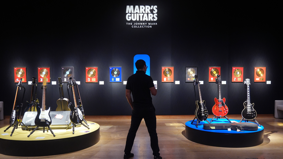 A selection of guitars on display during the preview at Christie's in central London, of the auction house's sale of The Johnny Marr Collection on September 17 in London. The sale presents approximately 80 guitars, alongside amps and equipment that have been integral to Marr's extraordinarily wide-ranging career, to date