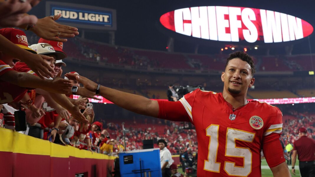 Patrick Mahomes celebrates a Kansas City Chiefs win in the NFL