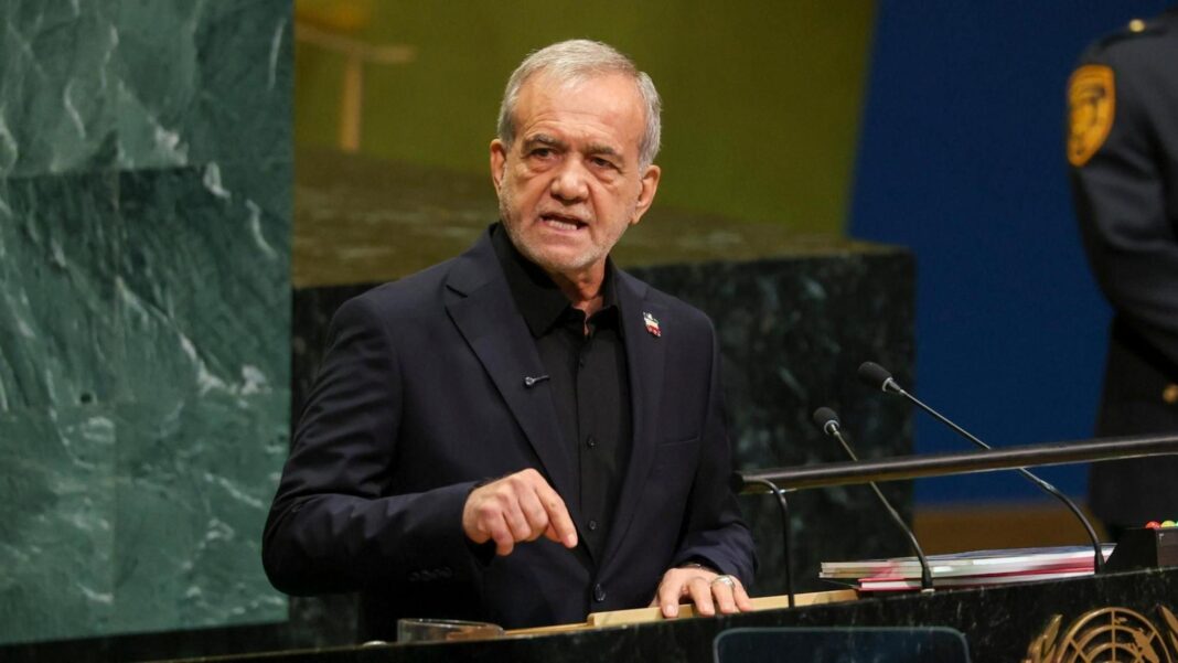 Iran’s president tells Trump it will never ‘bend the knee’ Iranian President Masoud Pezeshkian addresses the UN General Assembly in New York (23 September 2026)