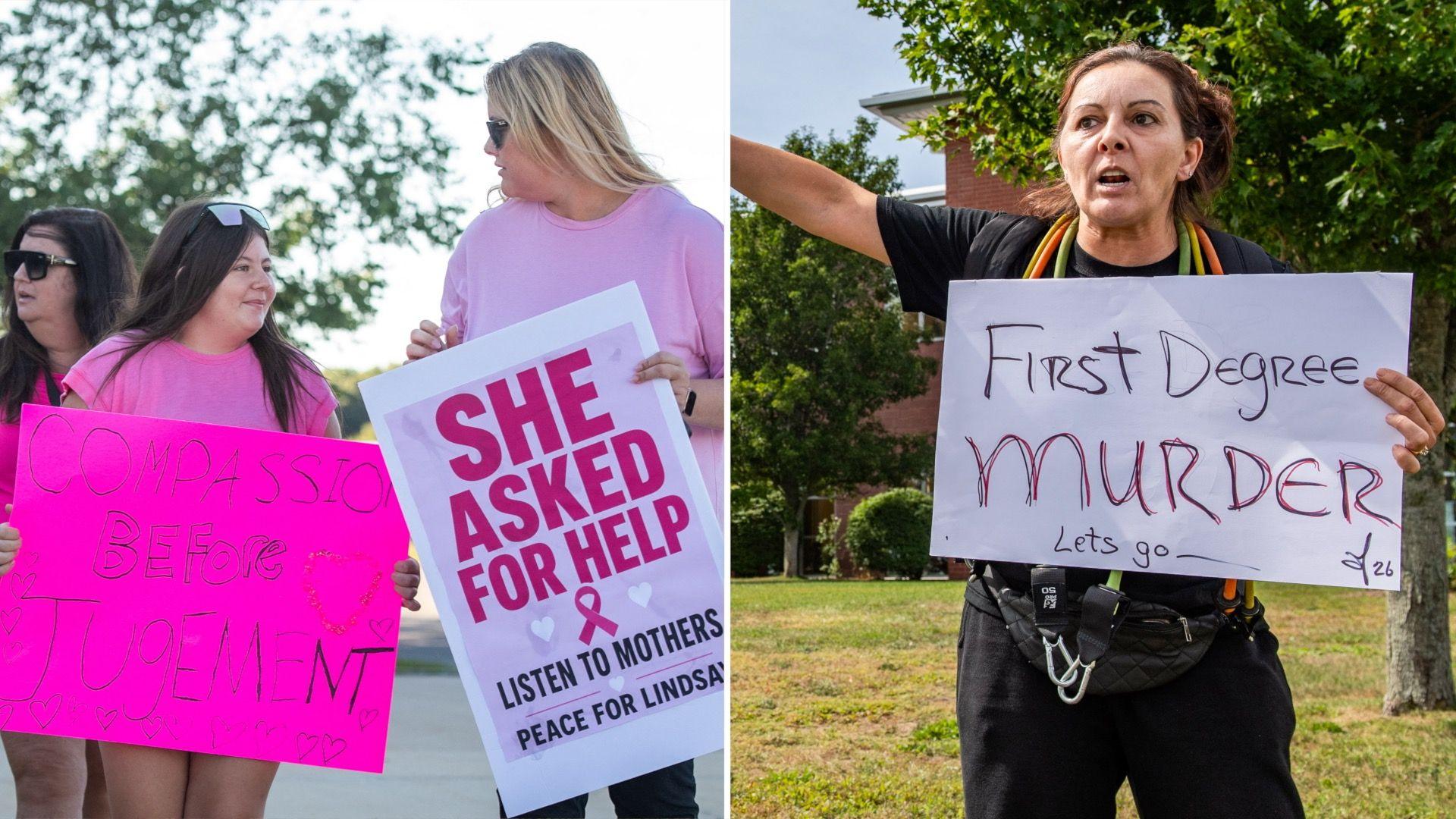 This composite image shows supporters for and against Lindsay Clancy holding signs outside the courthouse. One sign reads "compassion before judgement" and another reads "first degree murder let's go"