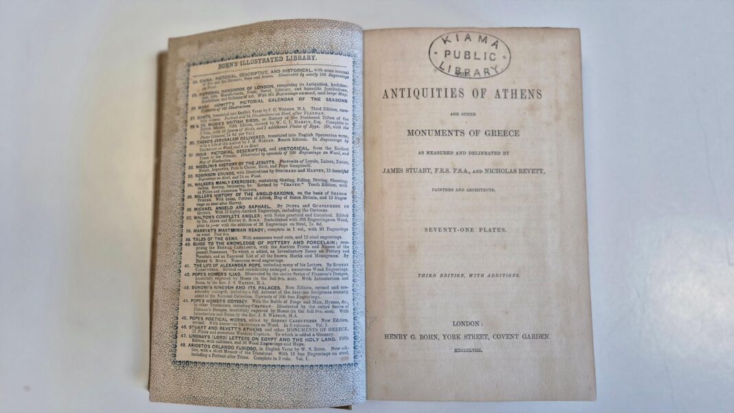 Magazine returned to US library after 132 years overdue The inside cover of The Antiquities of Athens