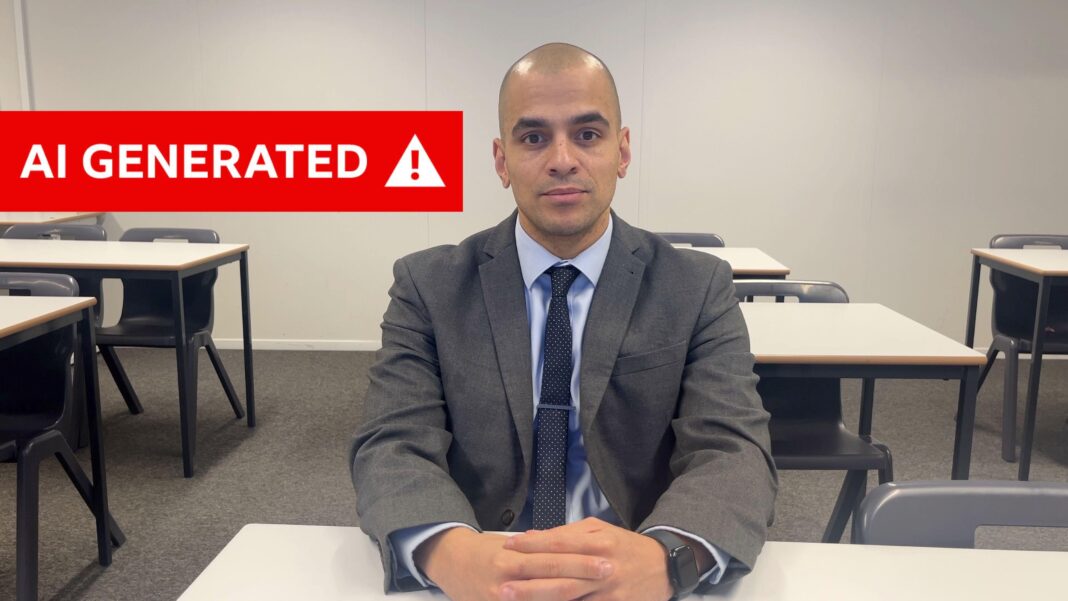 Schools not ready for AI and ‘crying out’ for government guidance, report warns AI deepfake of Benjamin Barker, Director of AI at Great Schools Trust and principal of Kings Leadership Academy Wavertree. The deepfake is wearing a suit and tie and there is a red warning sign saying 'AI Generated' top left