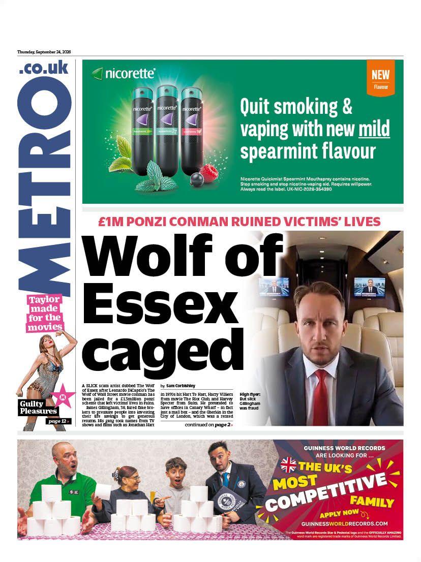The headline on the front page of the Metro reads: “Wolf of Essex caged”.
