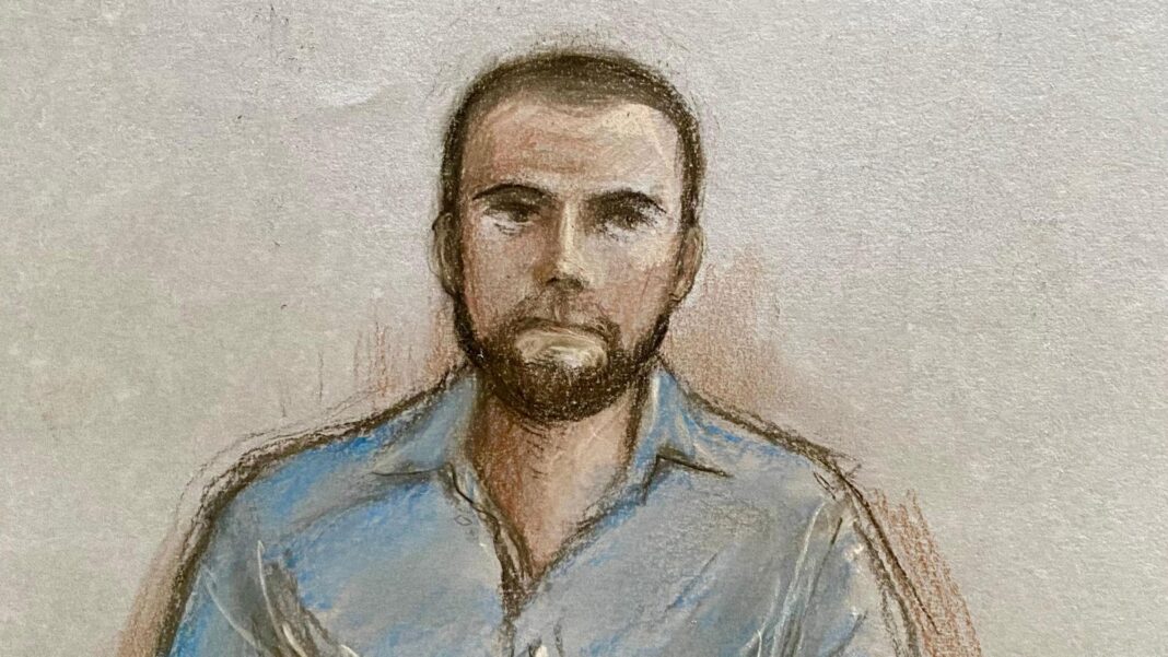 A court sketch of Jack Shepherd. He is seen wearing a blue shirt, has a beard and short hair, and is set against a plain background.