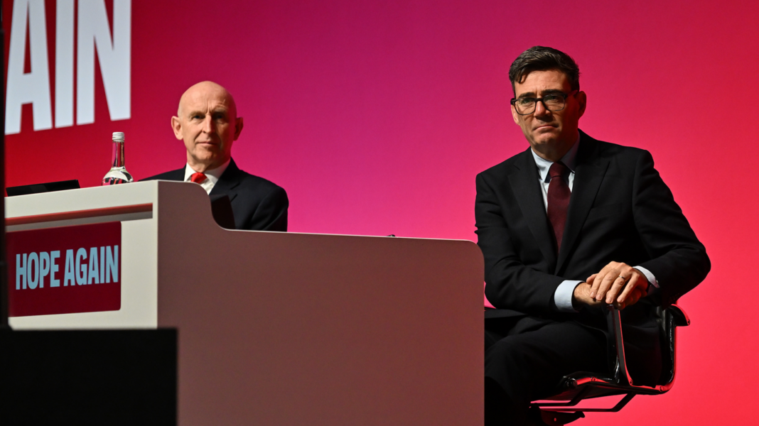 Chancellor of the Exchequer John Healey (L) and Prime Minister Andy Burnham attend the first day of the Labour Party Conference in Liverpool on 27 September 2026.