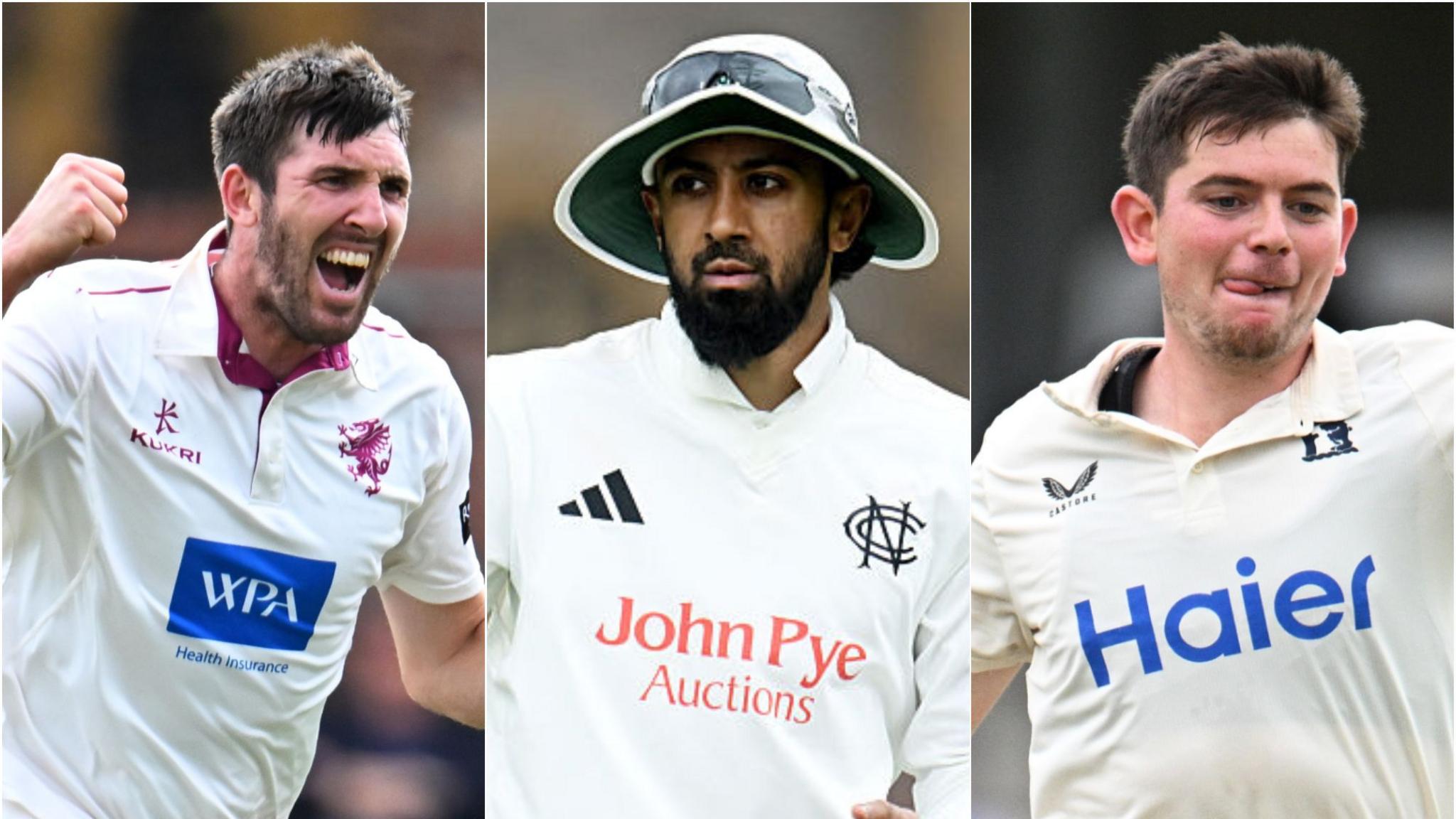 From left: Somerset's Craig Overton celebrating a wicket with a clenched right fist; Notts captain Haseeb Hameed in the field with his floppy hat on; Warwickshire bowler Ethan Bamber
