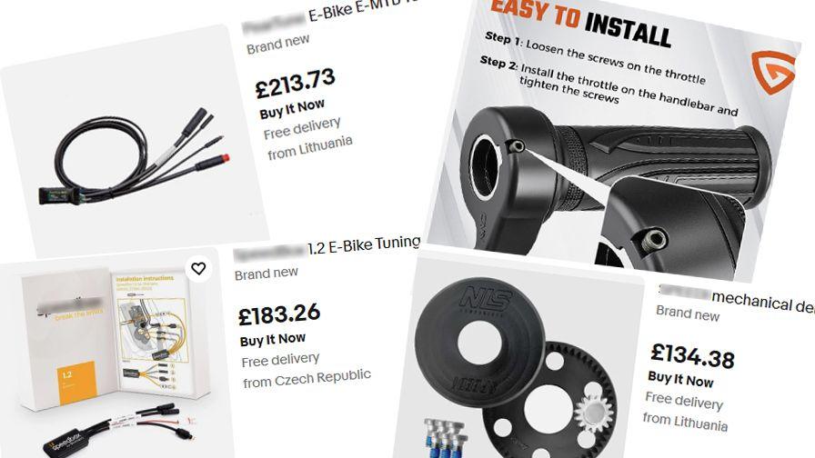 A montage of adverts from an online marketplace offering modification equipment for e-bikes