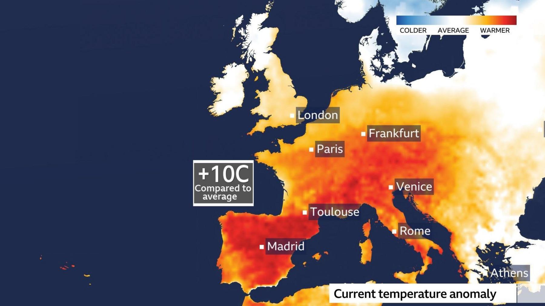 Map of Europe showing  how current temperatures compare to average. Deep orange and red colours extend from Portugal, through Spain and southern France, towards southern Poland, and down towards Croatia showing the region with the highest temperature anomalies. Many places marked at more than 10 Celsius above average.