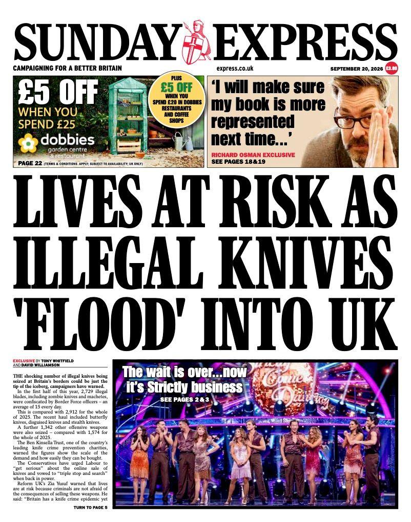 "Lives at risk as illegal knives 'flood' into UK" reads the headline on the front page of the Sunday Express.