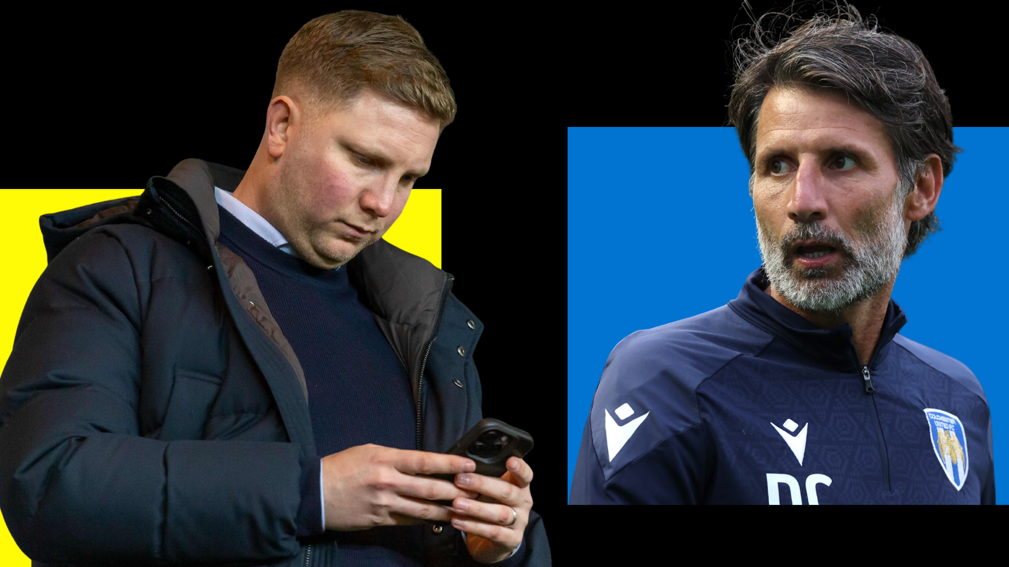 Norwich City sporting director Ben Knapper pictured left wearing a navy blue coat and navy blue jumper while standing on his phone. And Colchester United manager Danny Cowley pictured right with his mouth open looking concerned in a navy blue Colchester United tracksuit jacket