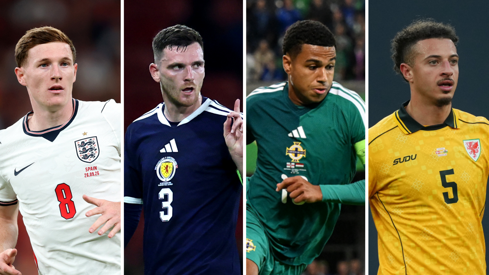 A split screen image of England's Elliot Anderson, Scotland's Andy Robertson, Northern Ireland's Shea Charles and Wales' Ethan Ampadu