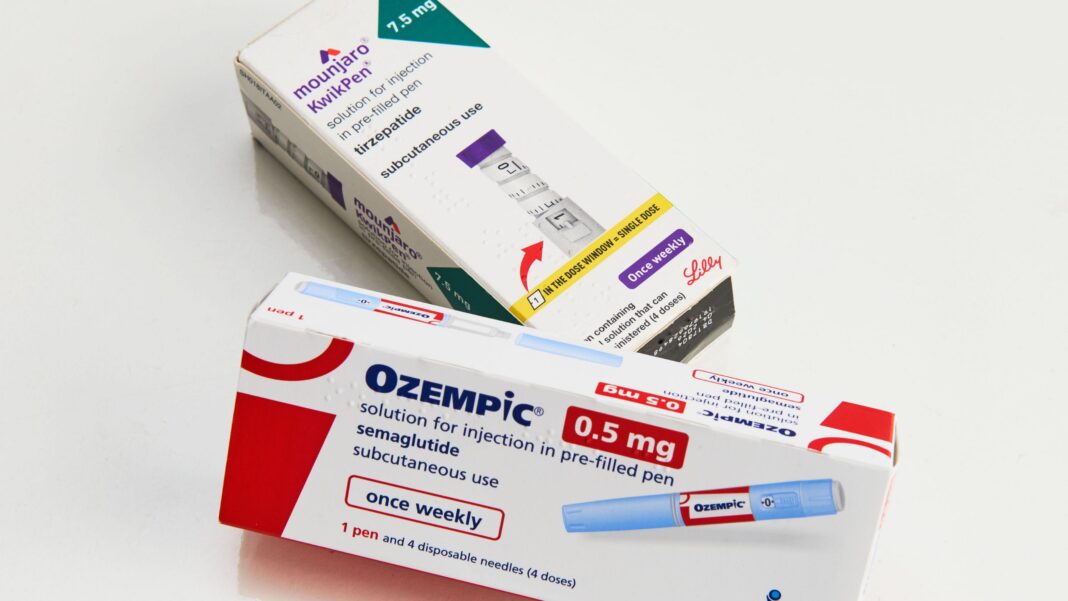 A photo of Mounjaro and Ozempic pens inside their boxes.