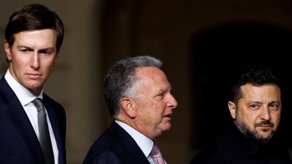 Ukraine's President Volodymyr Zelenskiy, U.S. Special Envoy Steve Witkoff and Jared Kushner, U.S. President Donald Trump's son-in-law, after a joint news conference,