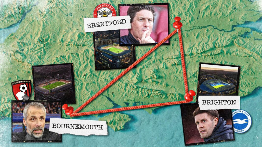 Is this really the Premier League’s ‘Bermuda Triangle’? A graphic showing the positions of Bournemouth, Brentford and Brighton football teams on a map