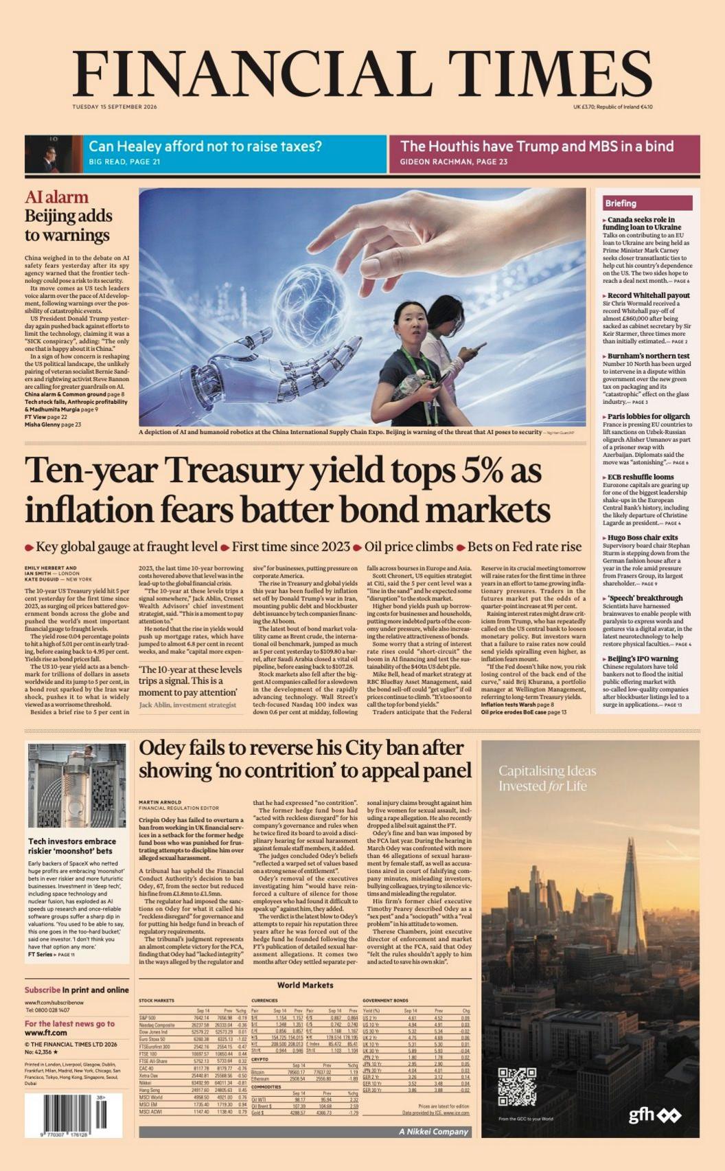 The headline on the front page of the Financial Times reads: 'Ten-year Treasury yields tops 5% as inflation fears batter bond markets.'