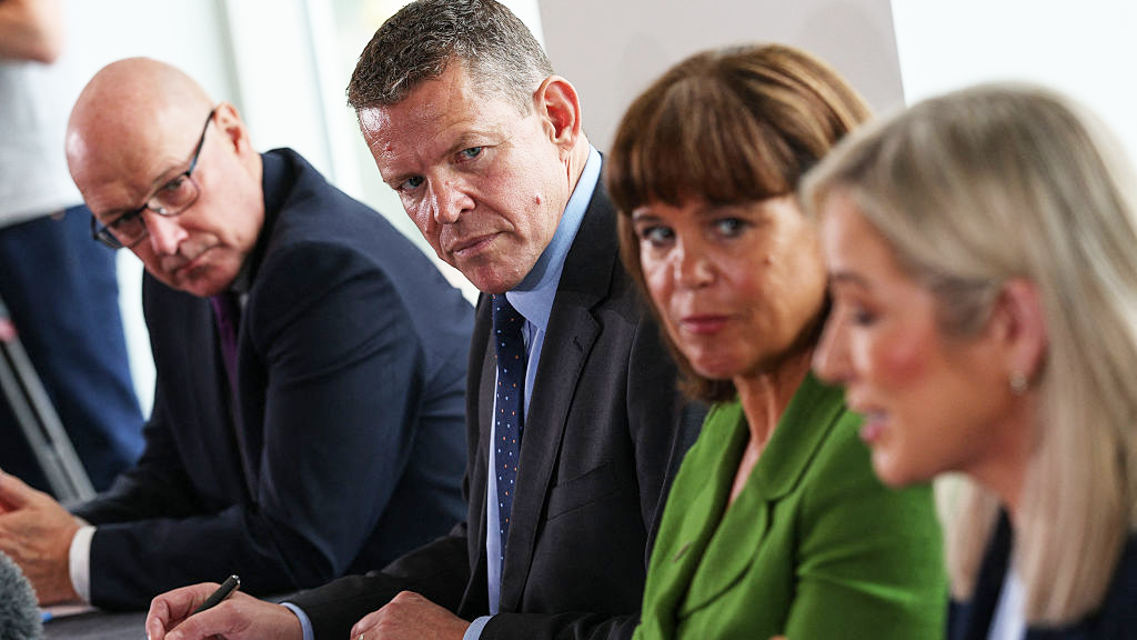 Michelle O'Neill, Mary Lou McDonald, Rhun ap Iorwerth and John Swinney at a press conference, sitting at a table