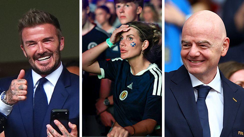A composite image of Sir David Beckham, a Scotland fan, and Fifa President Gianni Infantino