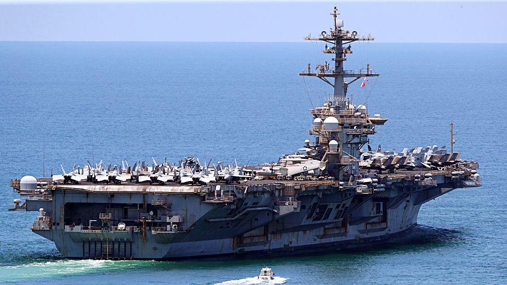 The USS Abraham Lincoln (CVN-72) aircraft carrier departs Laem Chabang Port on September 06, 2026 in Si Racha, Thailand.
