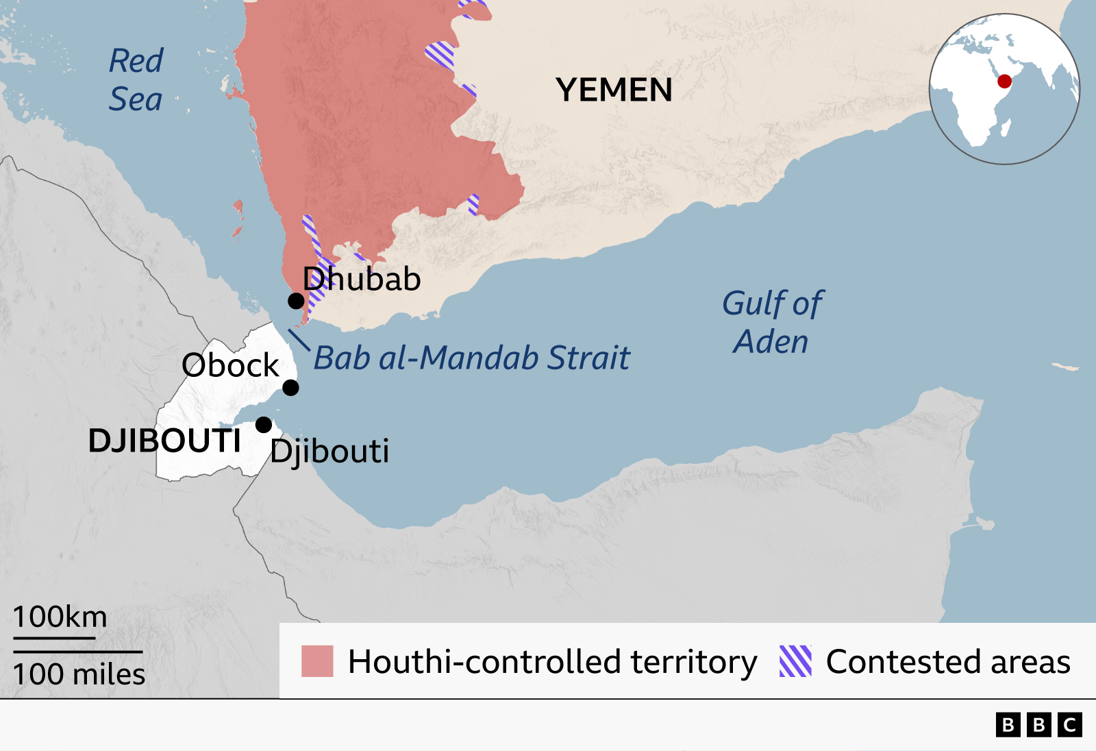 Regional map showing south west corner of Yemen across to Djibouti on the west side of the Bab al-Mandab Strait. It also shows the town of Obock in the north of Dijbouti