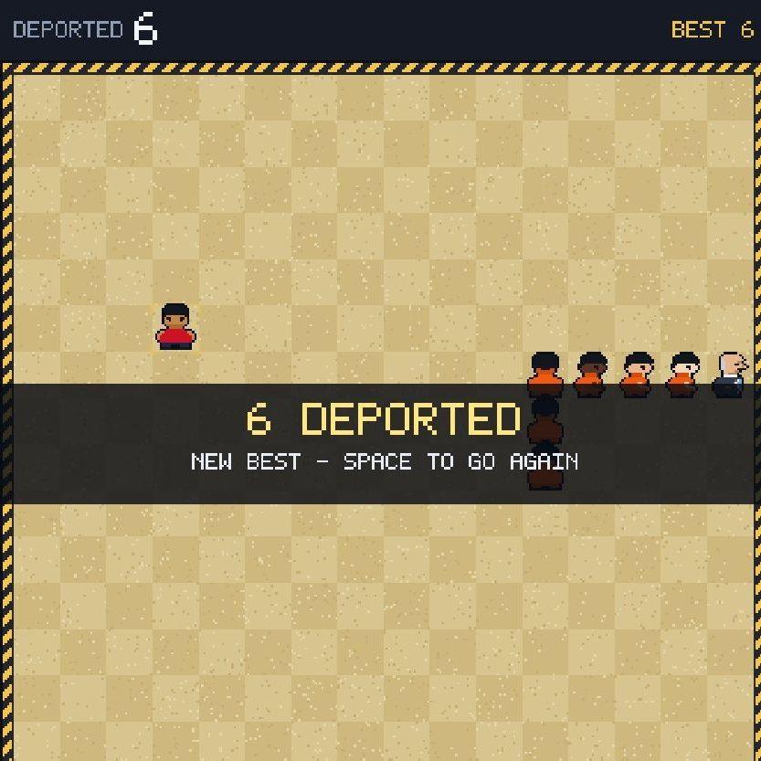 A screenshot from the arcade game Rio Run on the White House website. It shows the words "6 Deported - new best - space to go again" over a simple background of squares and game figures, some in orange prison-like outfits after being rounded up.