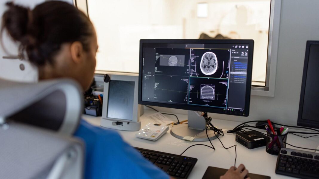 Part-human part-mouse brain developed in science breakthrough A nurse in a short sleeved blue top looks at a brain san on a computer, in the background is a glass window behind which the outline of an MRI scanner can be seen.
