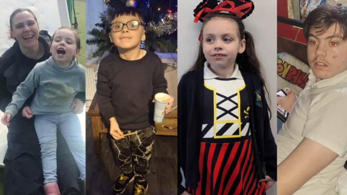 Four close-ups: (l-r) A woman holds her daughter in her arms, both are laughing laughing, a young boy in front of a Christmas tree, a girl in fancy dress, an older boy wearing a white shirt.