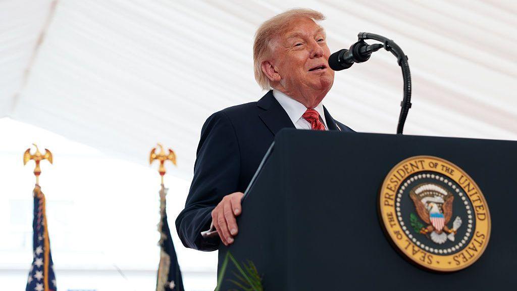 U.S. President Donald Trump delivers remarks to U.S. Embassy personnel and business leaders at Deerfield Residence on September 12, 2026 in Dublin, Ireland. U.S. President Donald Trump is on a two-day non-state visit to Ireland