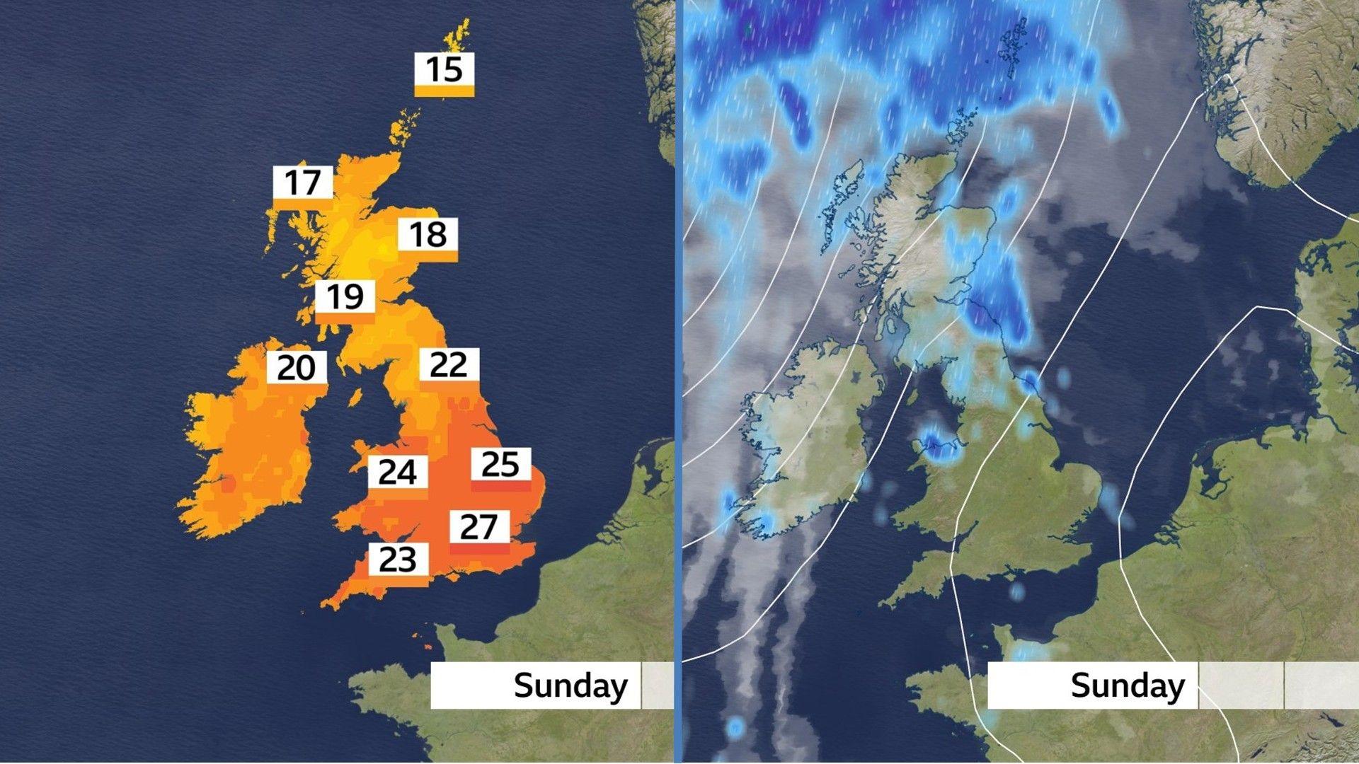 Sunday's weather shown on two maps. Left map has temperatures ranging between 15 to 27C north to south. Right map has Rain shown int he north-west of the UK whilst drier weather holds on in the south.