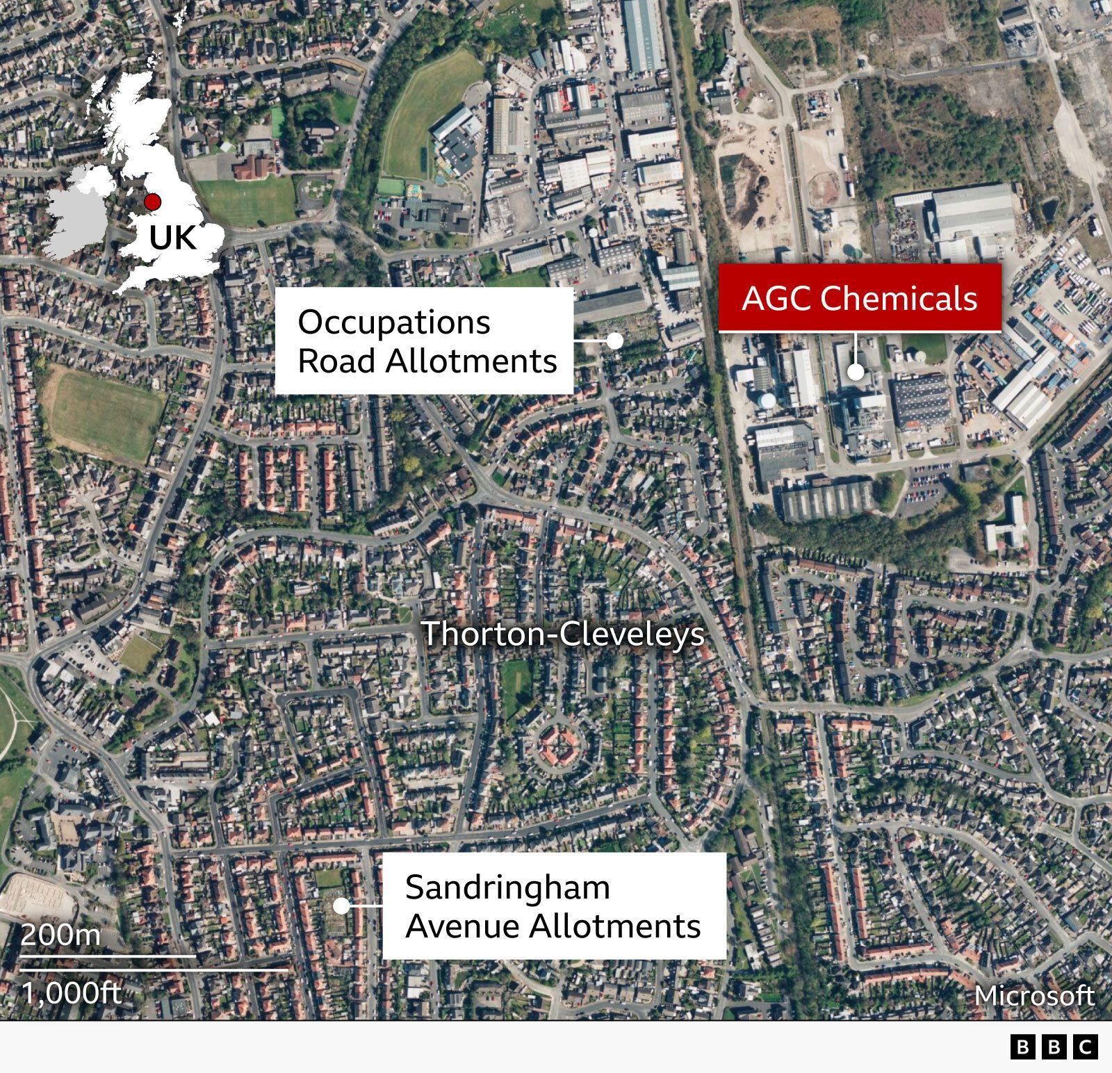 A map showing where the AGC Chemicals factory is in Thornton-Cleveleys, compared to two sets of allotments