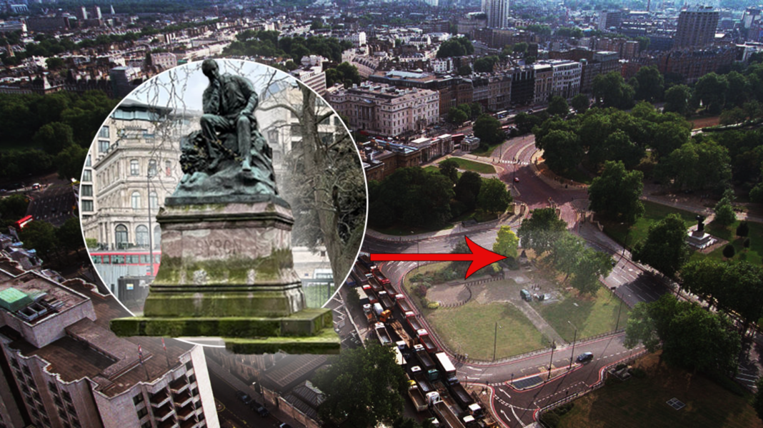Marooned Lord Byron statue returns to Hyde Park A composite image showing the traffic island and the statue