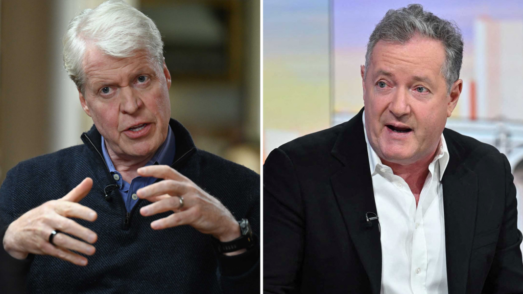 Earl Spencer apologises to Piers Morgan over factual error in Diana book A split image of Earl Spencer, an older man with white hair, and Piers Morgan, an older man with grey and dark hair.
