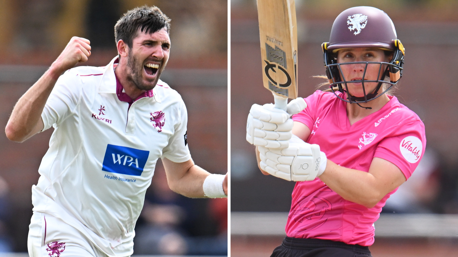 Split graphic of Craig Overton celebrating a wicket and Sophie Luff playing a shot into the leg side