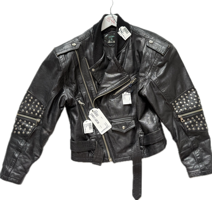 A black leather jacket is pictured.
