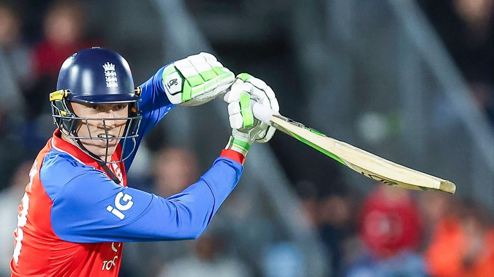 Tom Banton plays a drive while batting for England