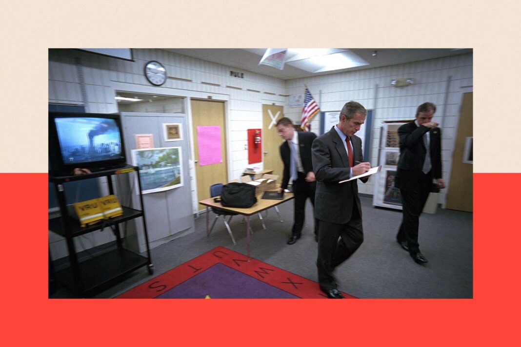 Spies, strategies and missed opportunities: How the lessons of 9/11 are still being learnt Three men in dark suits in a classroom with a television in it - the Twin Towers are on the screen. George W Bush is the central figure, and is writing in a notebook