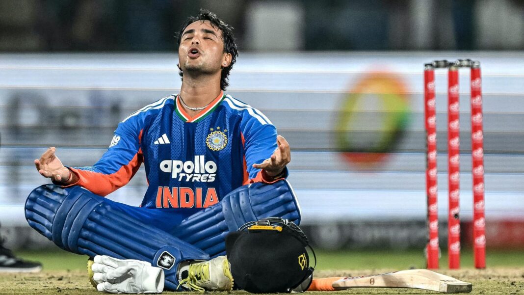 India batter Abhishek Sharma celebrates his century against Afghanistan