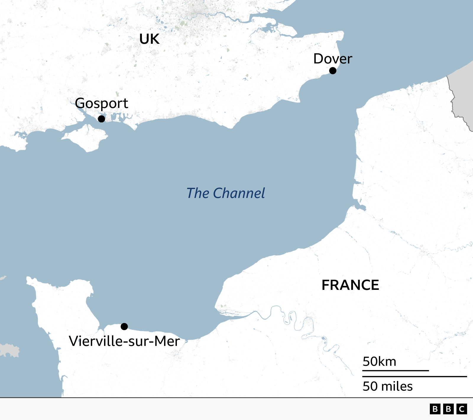 BBC map showing the south coast of the UK and the north coast of France in the area of Normandy. In the UK, the map locates Gosport near the Isle of Wight and Dover on the south-east coastline. In France, the town of Vierville-sur-Mer is located.